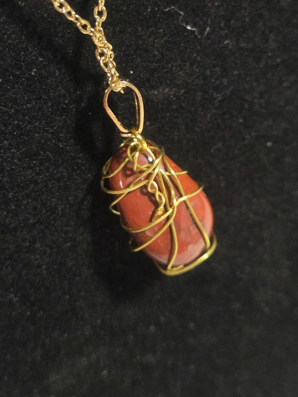 Handcrafted Gold Wire-Wrapped Red Jasper Stone Pendant Necklace
